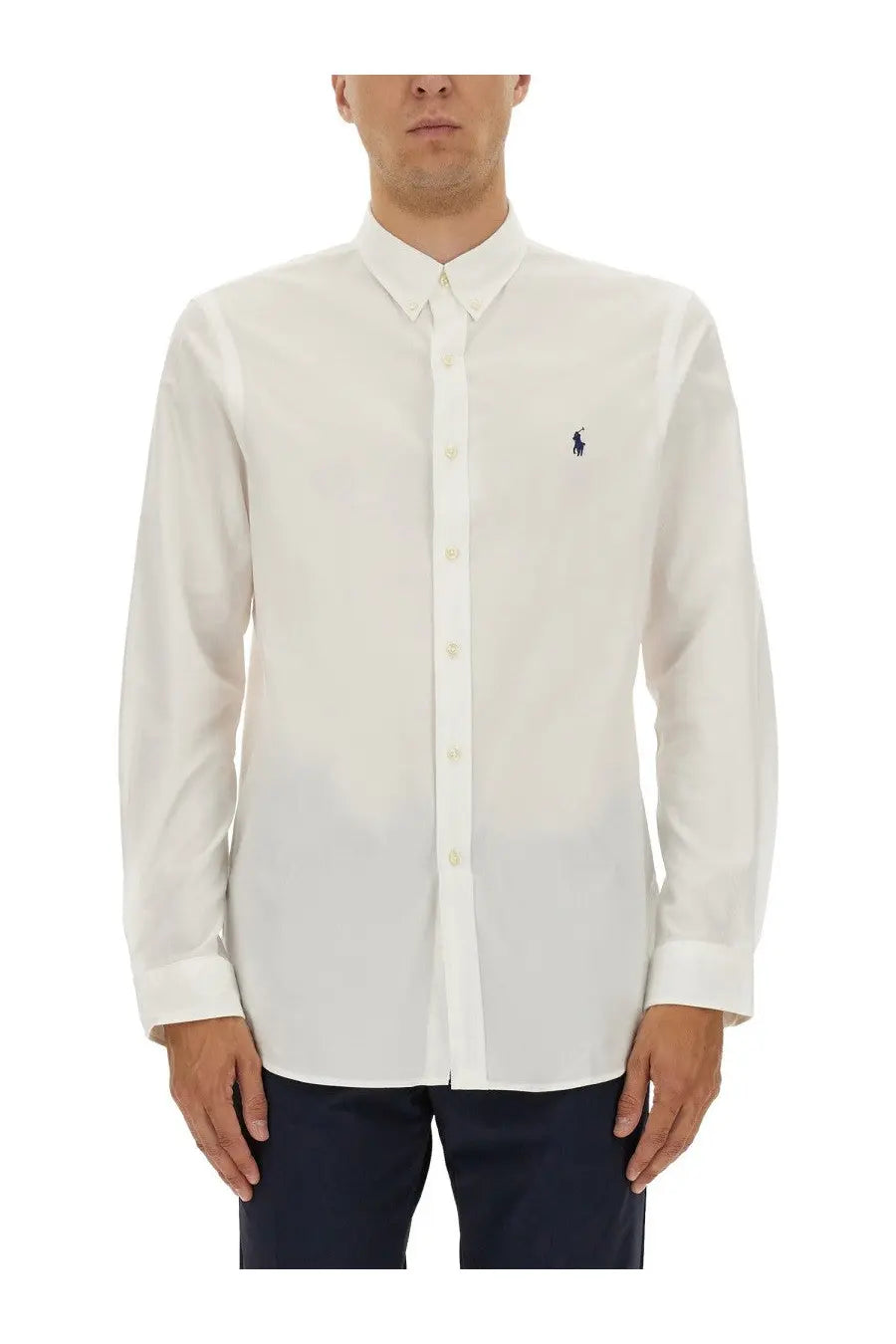 Polo Ralph Lauren men’s white cotton long-sleeved shirt with navy blue embroidered polo player logo on left chest
