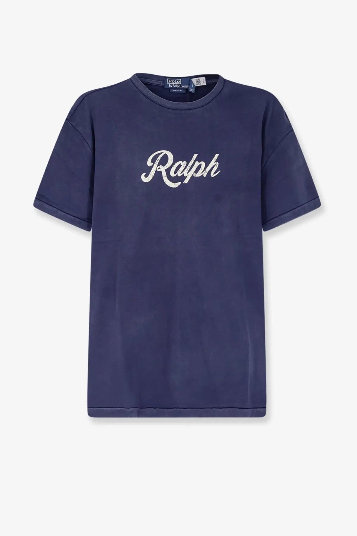 Navy blue ralph lauren men’s cotton t-shirt with white cursive ralph lettering across the chest