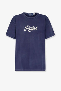 Navy blue ralph lauren men’s cotton t-shirt with white cursive ralph lettering across the chest
