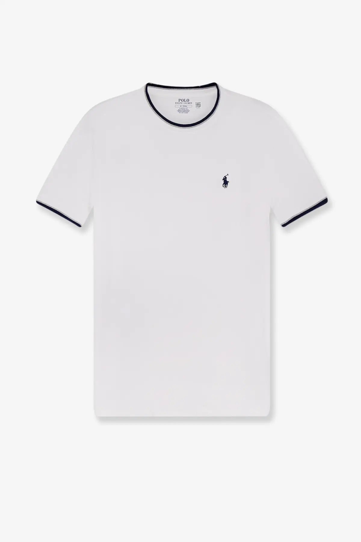 Polo Ralph Lauren men’s white cotton short-sleeved t-shirt with navy blue trim and embroidered polo player logo