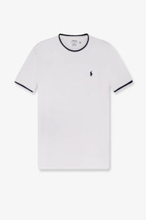 Polo Ralph Lauren men’s white cotton short-sleeved t-shirt with navy blue trim and embroidered polo player logo