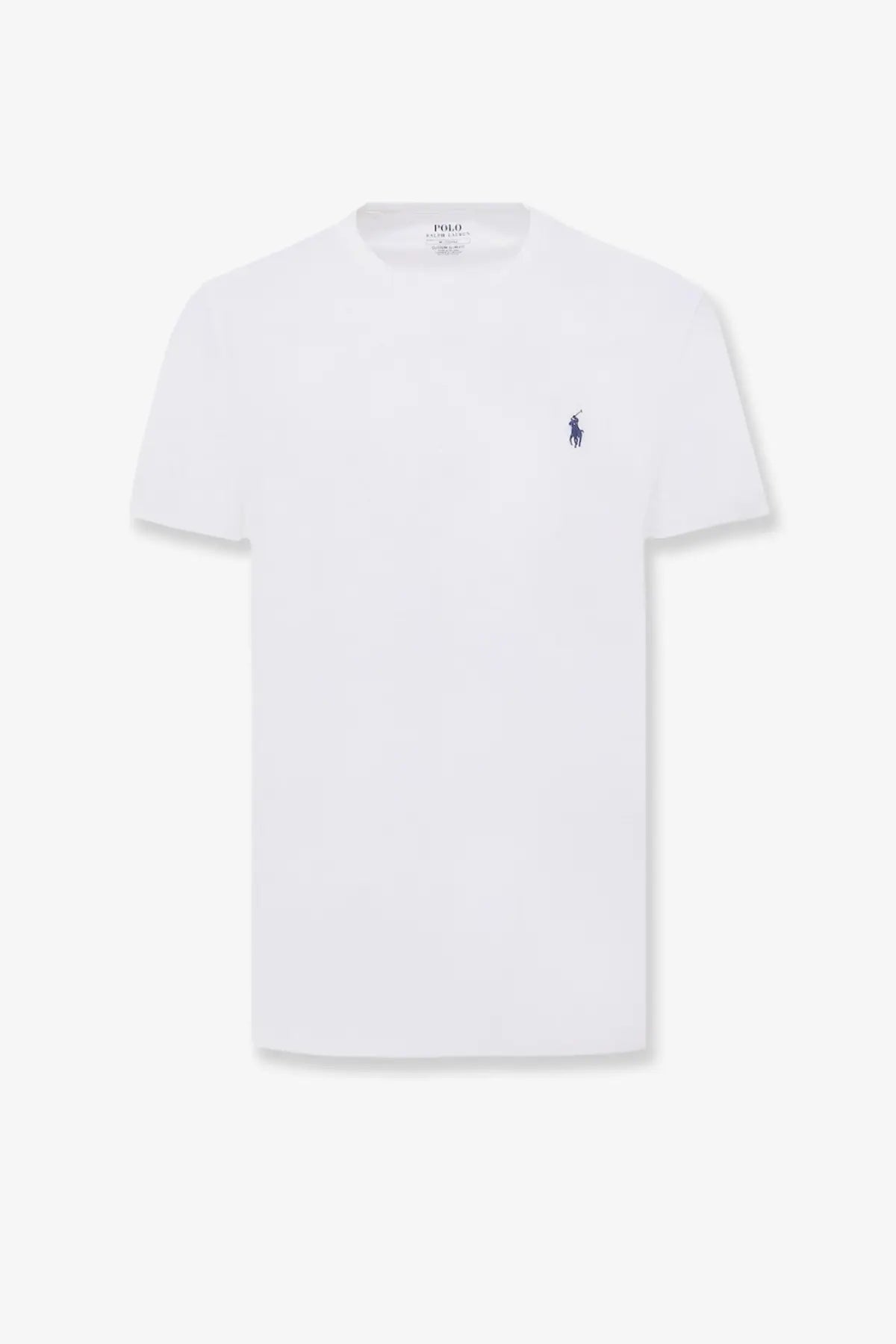 Polo Ralph Lauren men’s white cotton t-shirt with small navy blue embroidered polo player logo on left chest