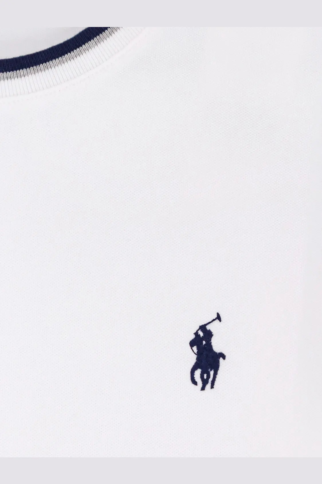 Polo Ralph Lauren men’s white cotton t-shirt with navy blue ribbed collar and embroidered polo player logo on chest