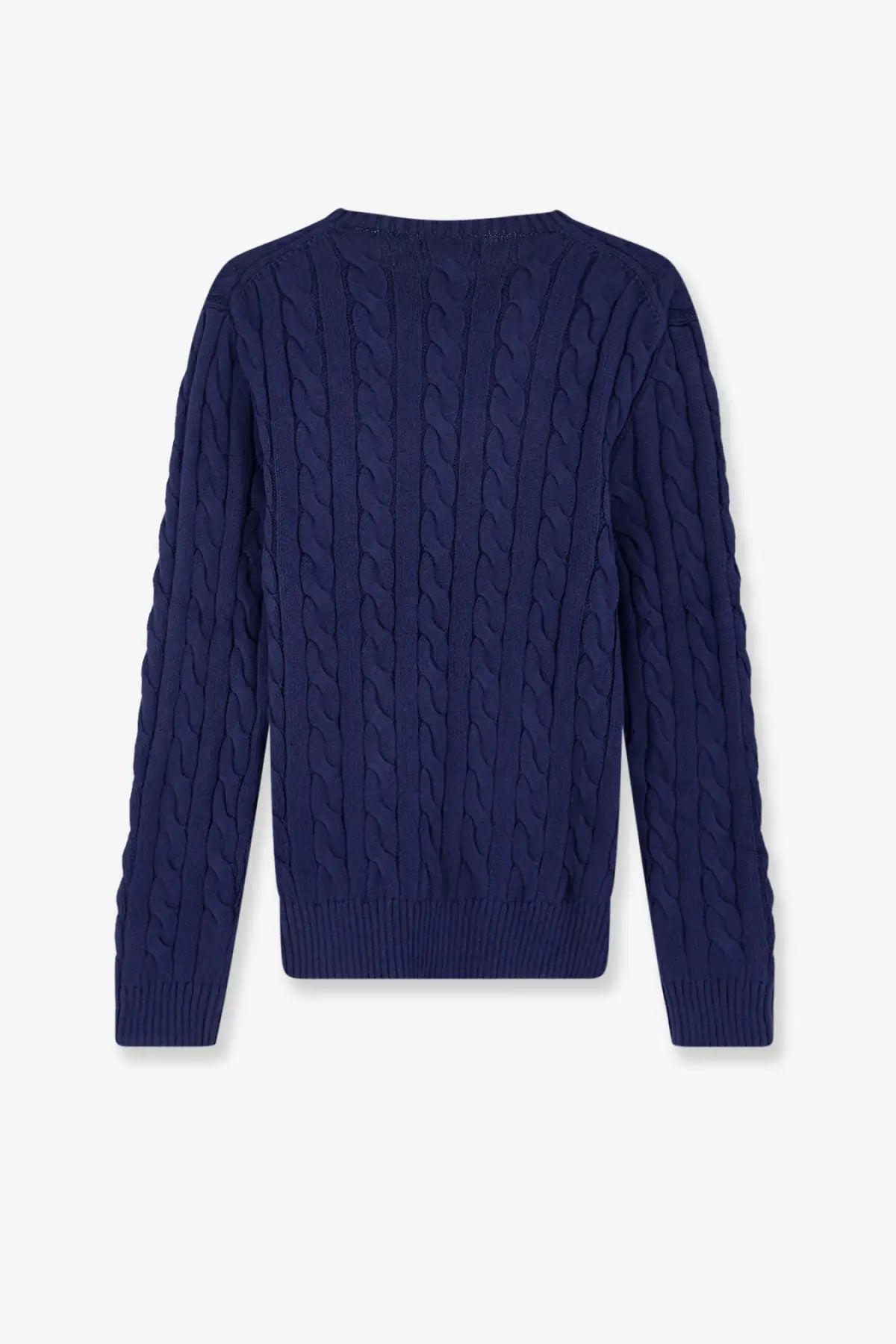 Navy blue cable knit cotton sweater with ribbed cuffs and hem by polo ralph lauren men’s blue