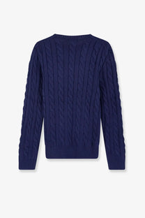 Navy blue cable knit cotton sweater with ribbed cuffs and hem by polo ralph lauren men’s blue