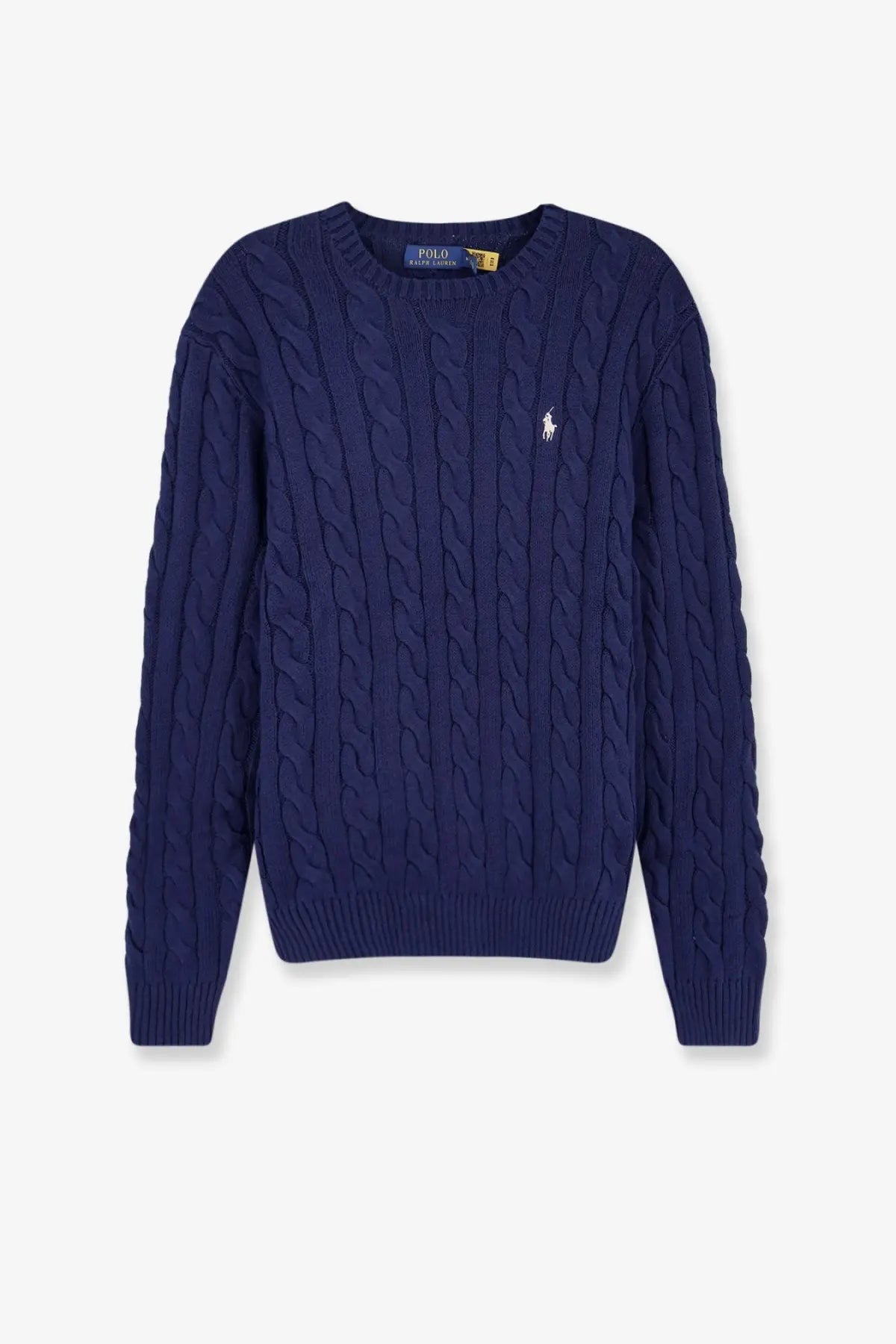 Navy blue cable knit cotton sweater with white embroidered polo player logo by Polo Ralph Lauren men’s wear