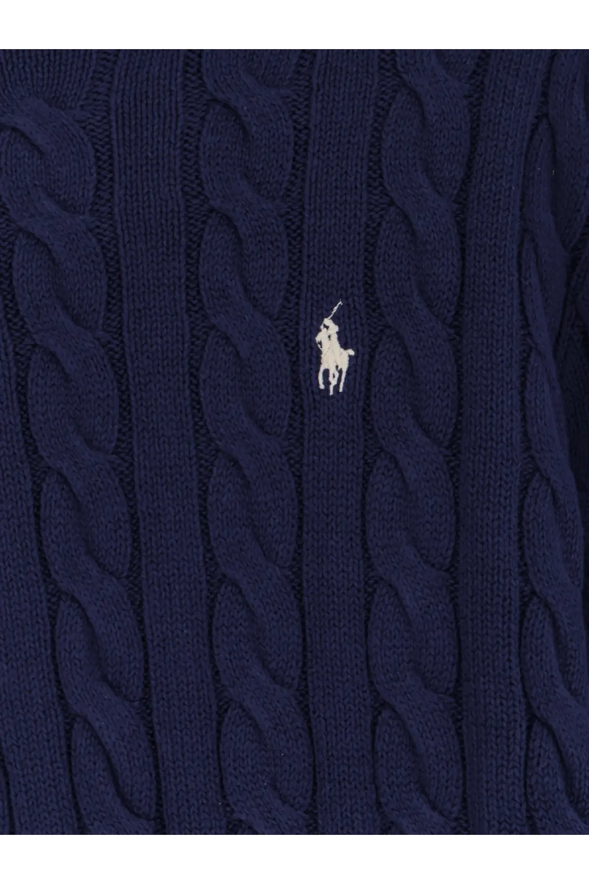 Navy blue cable knit cotton sweater for men featuring a white embroidered Polo Ralph Lauren logo
