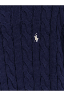 Navy blue cable knit cotton sweater for men featuring a white embroidered Polo Ralph Lauren logo