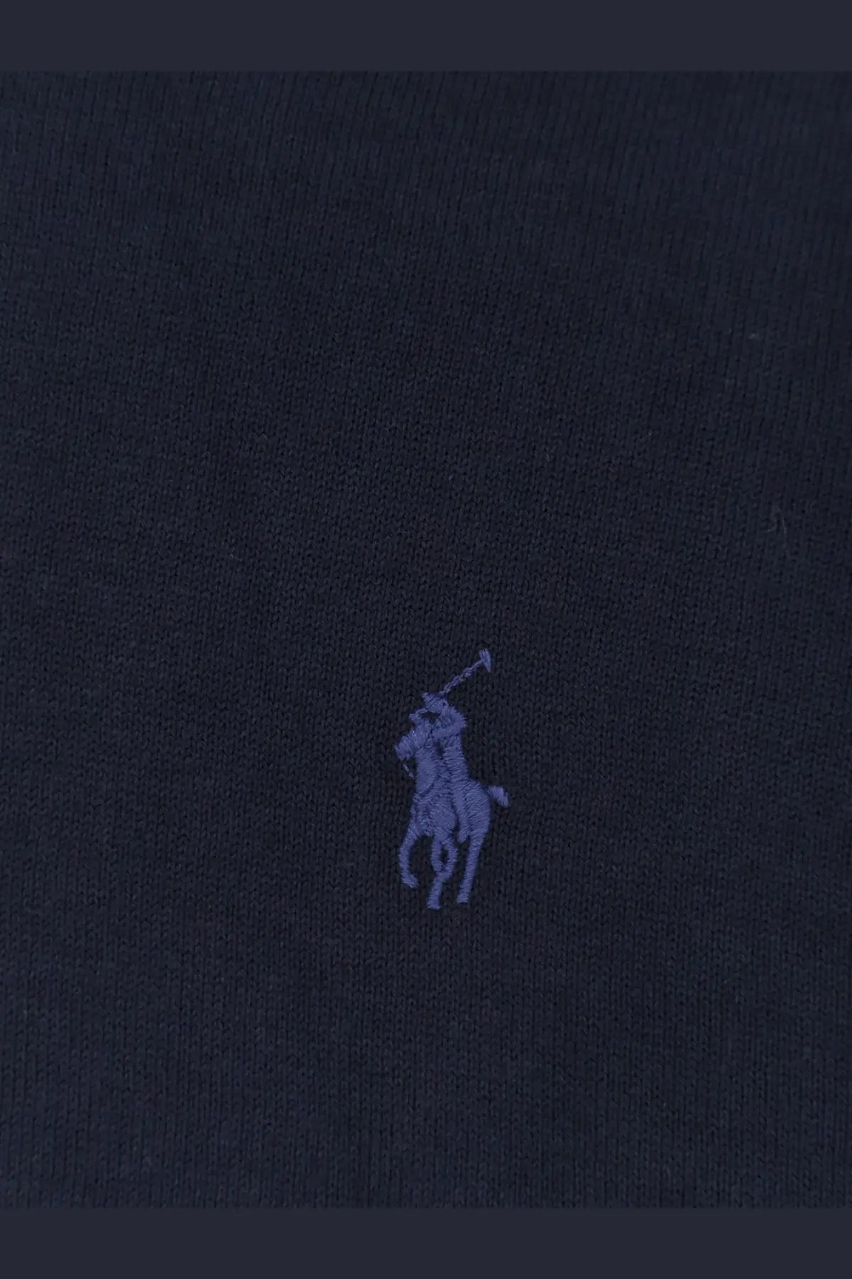 Navy blue cotton polo ralph lauren men’s sweater with small embroidered purple logo on the chest