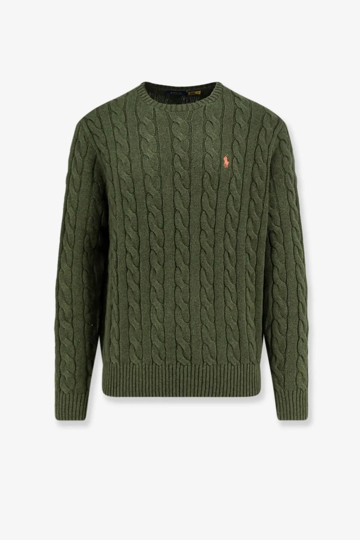 Olive green cable knit cotton sweater with embroidered polo player logo by Polo Ralph Lauren garden trail heather