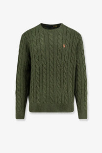 Olive green cable knit cotton sweater with embroidered polo player logo by Polo Ralph Lauren garden trail heather