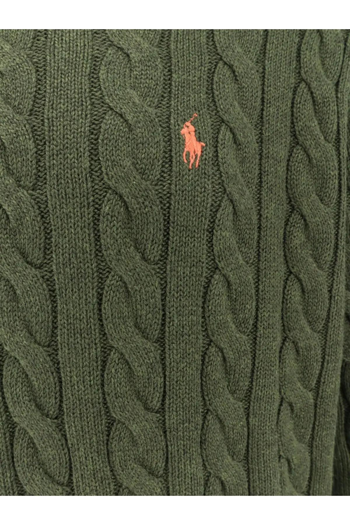 Olive green cotton cable knit sweater with small orange embroidered polo ralph lauren logo garden trail heather