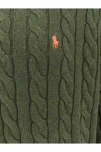 Olive green cotton cable knit sweater with small orange embroidered polo ralph lauren logo garden trail heather