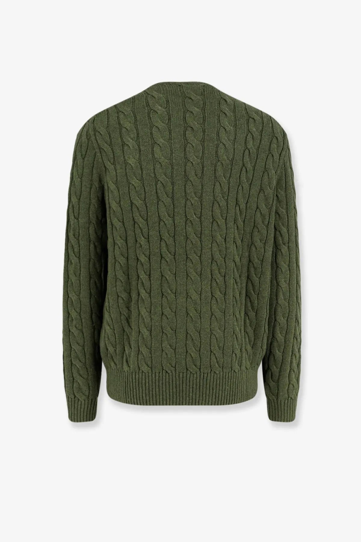 Olive green cable-knit cotton sweater with ribbed neckline and cuffs polo ralph lauren men’s garden trail heather