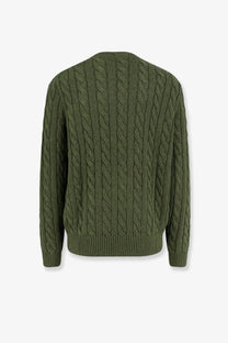 Olive green cable-knit cotton sweater with ribbed neckline and cuffs polo ralph lauren men’s garden trail heather