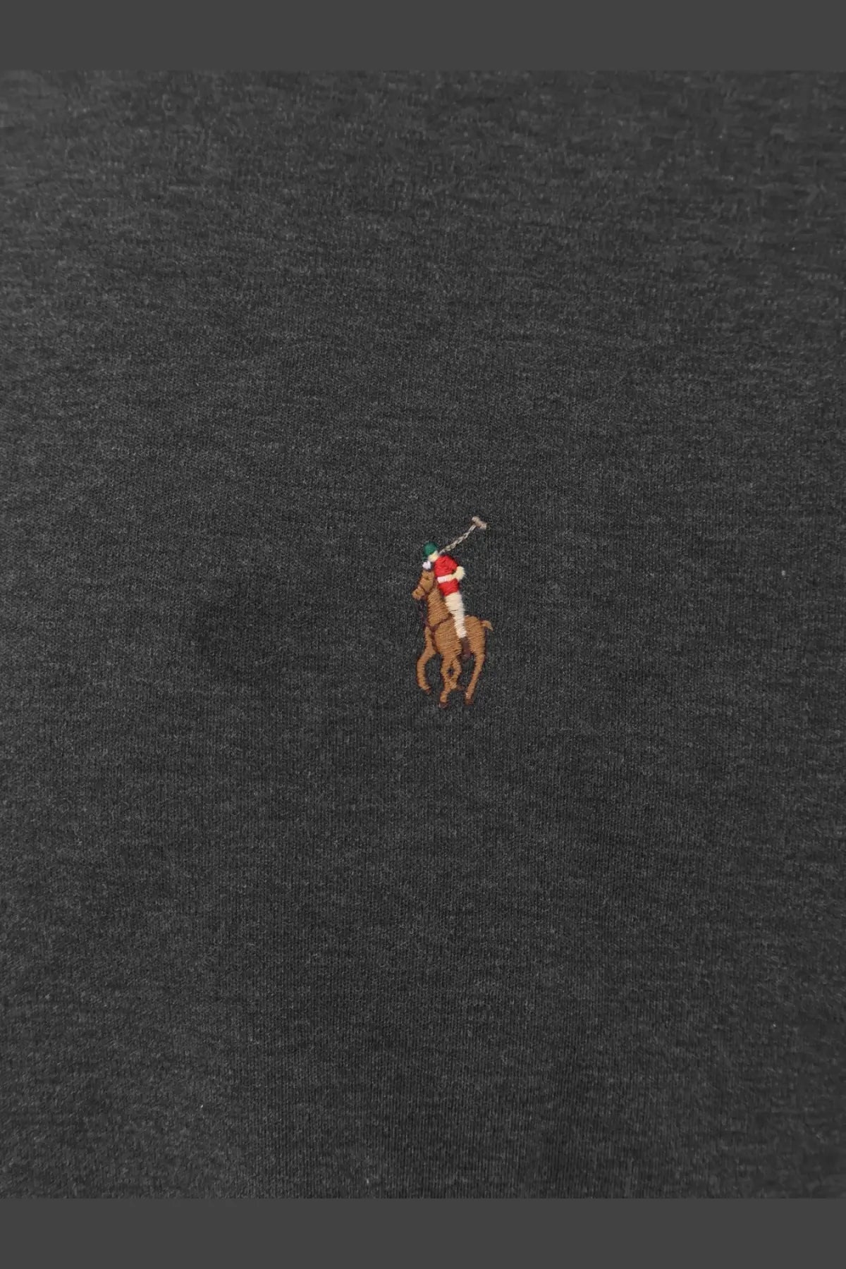Polo Ralph Lauren men’s dark gray cotton t-shirt with small red white and brown embroidered polo player logo