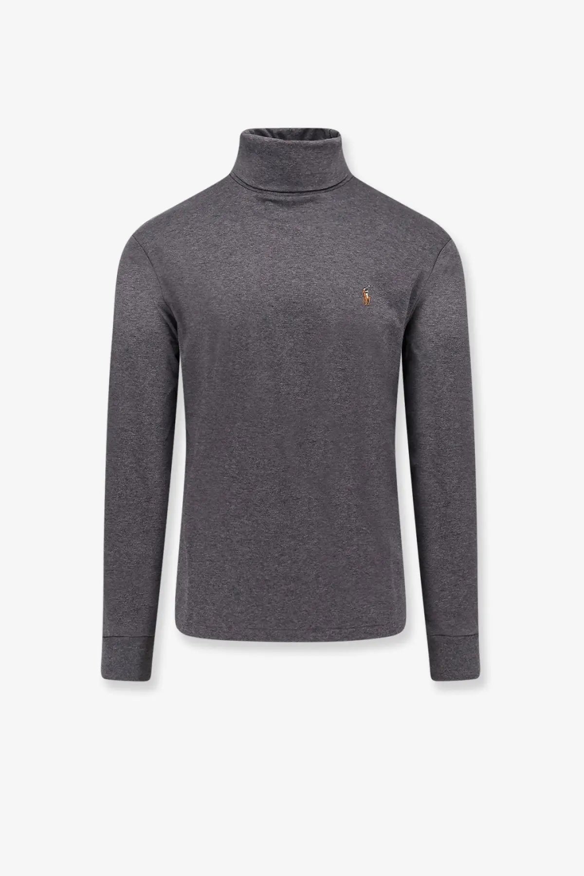 Polo Ralph Lauren men’s dark gray heathered cotton turtleneck sweater with embroidered polo player logo on left chest