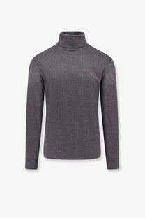 Polo Ralph Lauren men’s dark gray heathered cotton turtleneck sweater with embroidered polo player logo on left chest