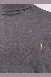 Polo Ralph Lauren men’s grey cotton turtleneck sweater with heathered texture and embroidered polo player logo on chest