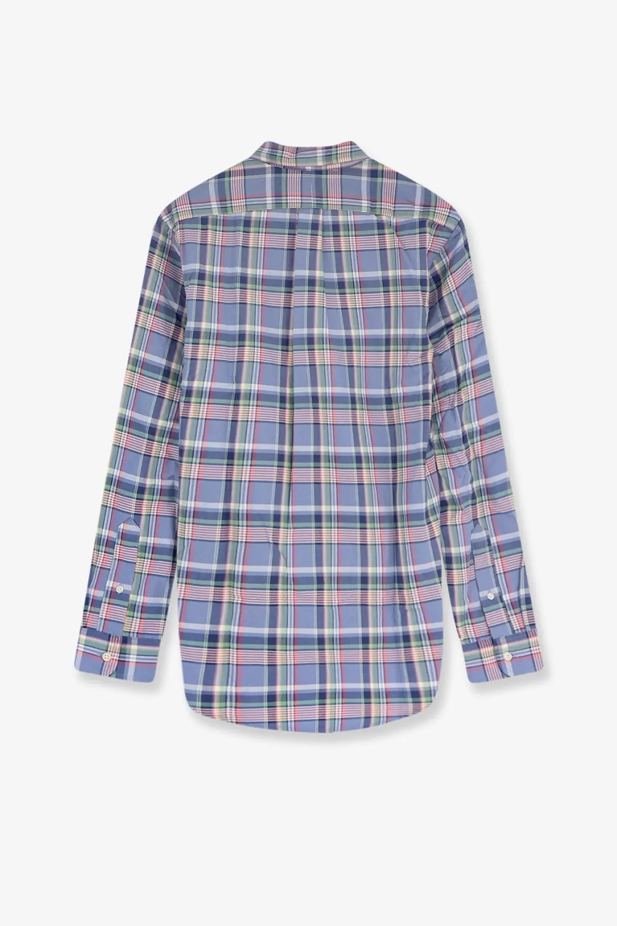 Polo Ralph Lauren men’s custom fit cotton shirt in soft blue pink and white plaid with long sleeves and stitched cuffs
