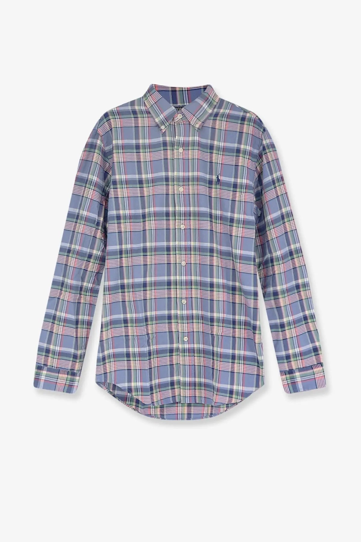 Polo Ralph Lauren men’s custom fit cotton shirt in blue pink and green plaid with button-down and embroidered logo