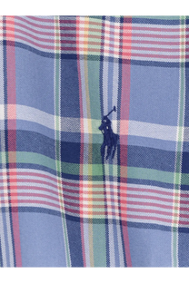 Polo Ralph Lauren men’s custom fit cotton shirt in blue with white plaid and navy blue embroidered polo player logo