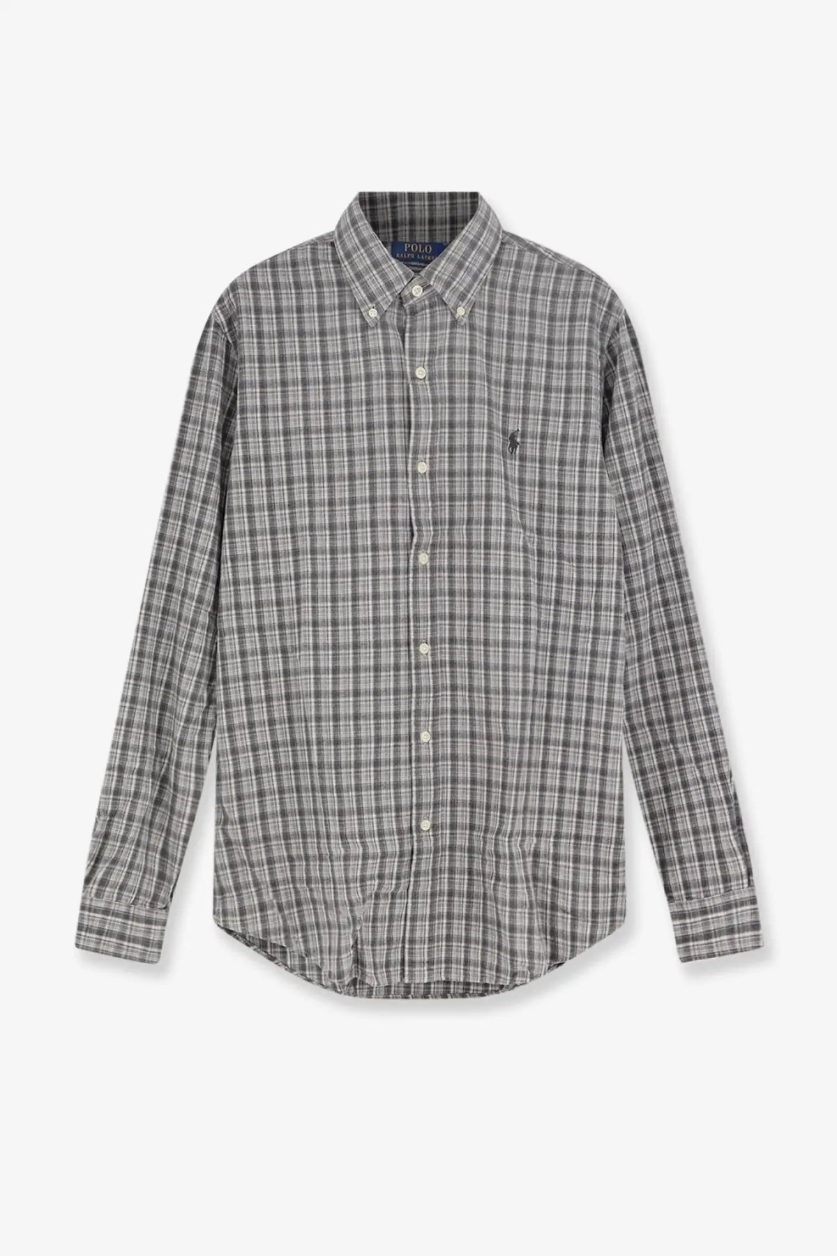 Polo ralph lauren men’s custom fit grey cotton button-down shirt with gray and white plaid and embroidered logo