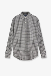Polo ralph lauren men’s custom fit grey cotton button-down shirt with gray and white plaid and embroidered logo