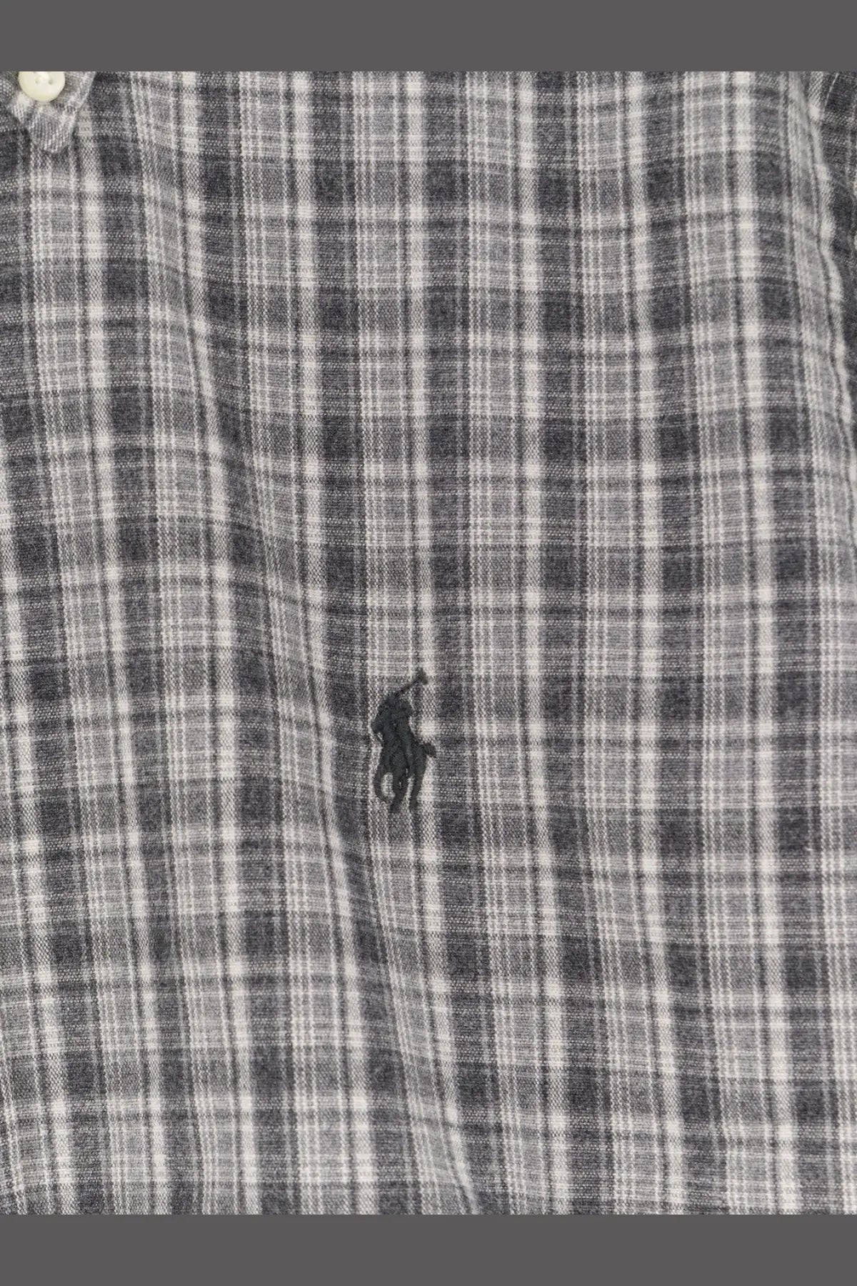 Polo Ralph Lauren men’s custom fit cotton shirt in gray with white plaid and black embroidered logo on the chest