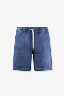 Polo ralph lauren men’s denim bermuda shorts in blue with beige drawstring and red embroidered logo on lower right leg