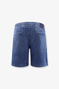 Back view of blue denim bermuda shorts with elastic waistband and two pockets by polo ralph lauren men’s clothing