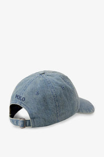 Blue denim baseball cap by polo ralph lauren showing embroidered polo logo on the back side