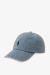 Denim blue baseball cap with navy embroidered Polo Ralph Lauren logo for men in durable denim material