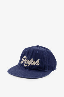 Navy blue corduroy baseball cap with beige embroidered ralph logo from Polo Ralph Lauren men’s denim hat blue collection