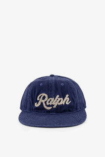 Navy blue corduroy baseball cap with beige embroidered ralph logo from Polo Ralph Lauren men’s denim hat blue collection