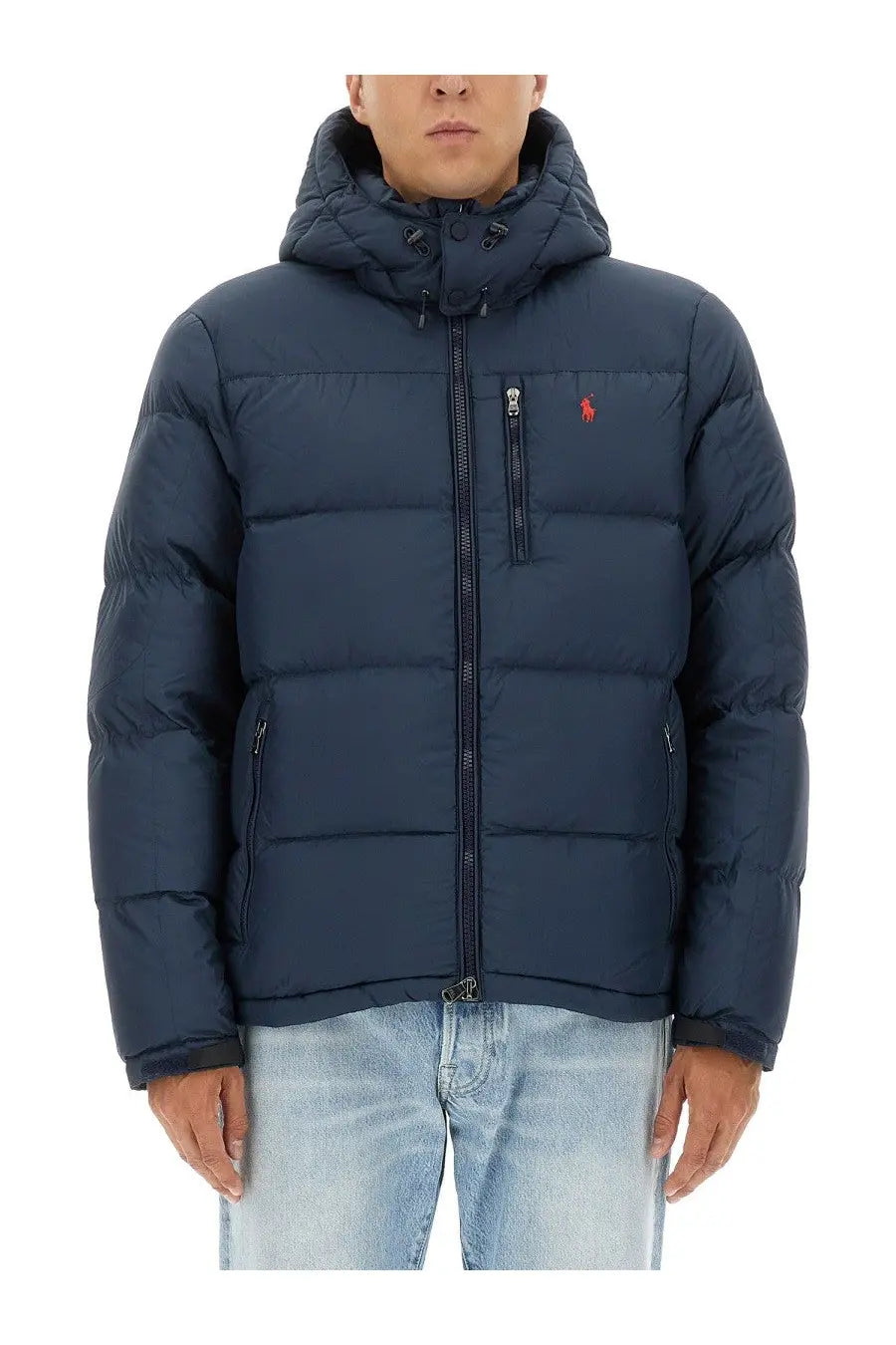 Dark navy blue quilted hooded puffer jacket with red embroidered polo ralph lauren logo on left chest