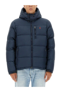 Dark navy blue quilted hooded puffer jacket with red embroidered polo ralph lauren logo on left chest