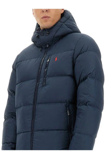 Polo Ralph Lauren men’s dark navy blue quilted down puffer jacket with hood and red embroidered logo on chest