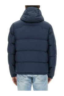 Dark blue quilted puffer jacket with hood men’s down jacket by polo ralph lauren in gorham blue color