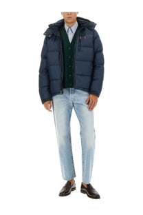 Polo Ralph Lauren men’s navy blue puffer down jacket with quilted design and red polo logo on the left chest