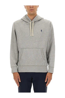 Polo ralph lauren men’s grey heathered cotton hoodie with cream drawstrings and navy blue embroidered logo on chest
