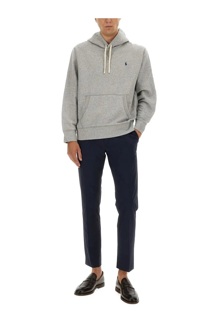 Polo ralph lauren men’s grey hoodie in gray heathered cotton with white drawstrings and embroidered polo player logo