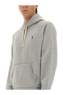 Polo Ralph Lauren men’s grey heathered hoodie with cream drawstrings and navy embroidered polo player logo on chest