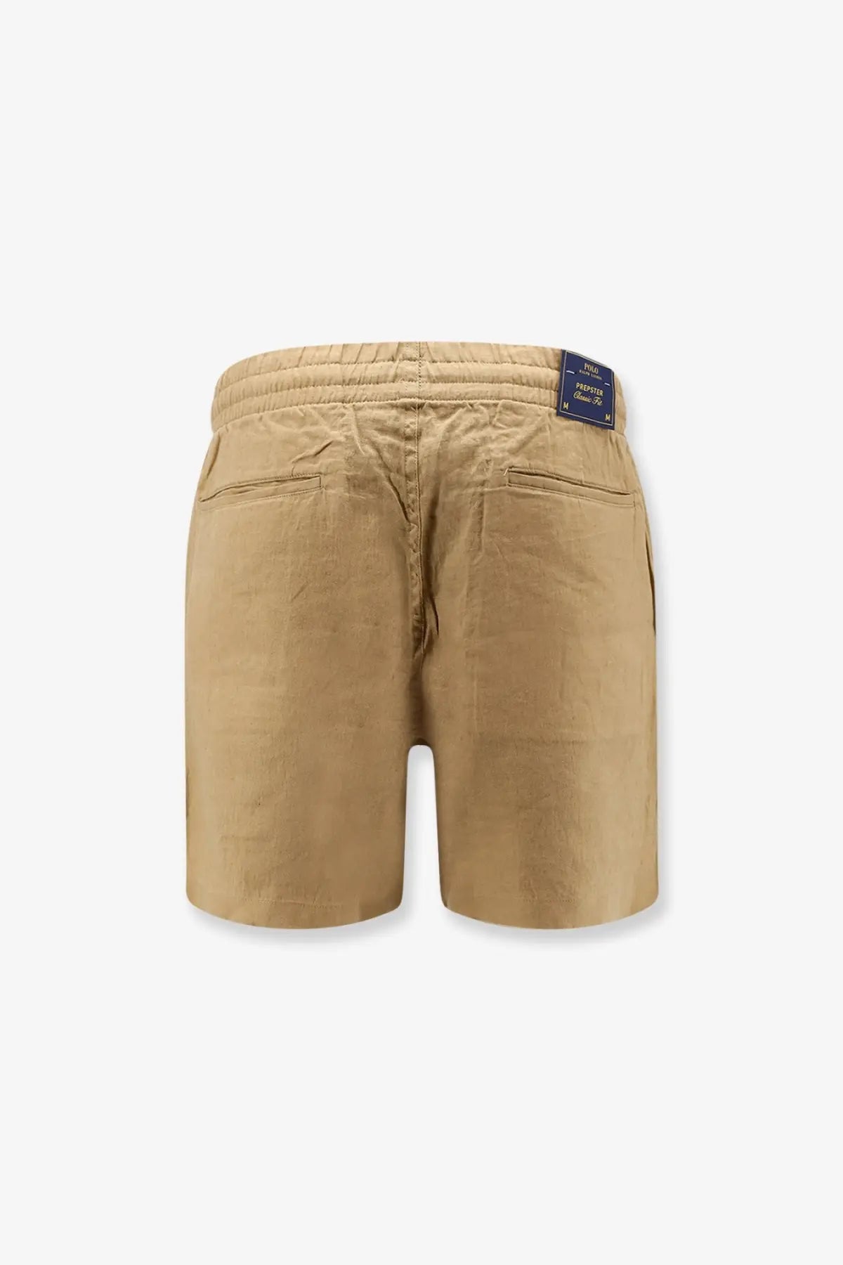 Beige cotton polo ralph lauren men’s linen bermuda shorts shown from the back with elastic waistband and two pockets
