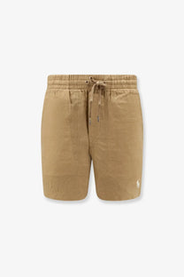 Beige cotton Polo Ralph Lauren men’s linen Bermuda shorts with drawstring waistband and embroidered logo on lower right leg