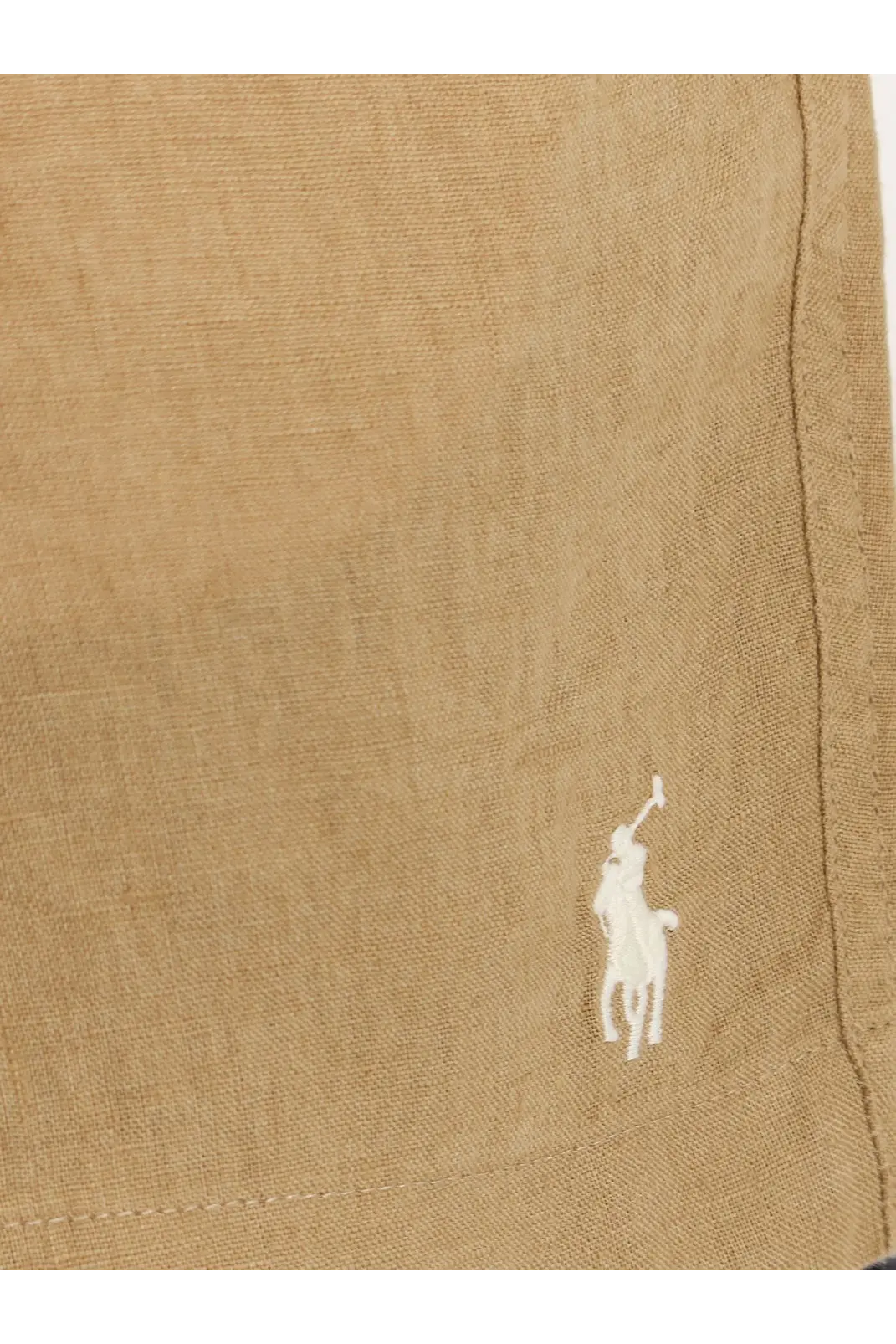 Tan linen bermuda shorts with white embroidered polo player logo by polo ralph lauren for men in beige