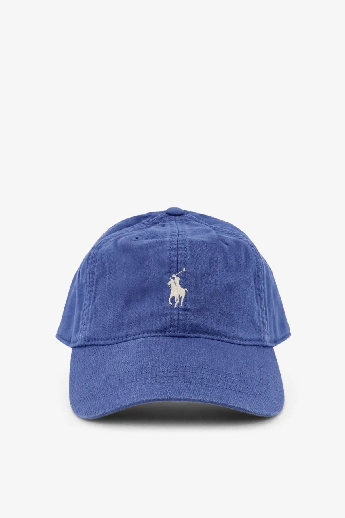 Blue cotton baseball cap with white embroidered Polo Ralph Lauren logo for men