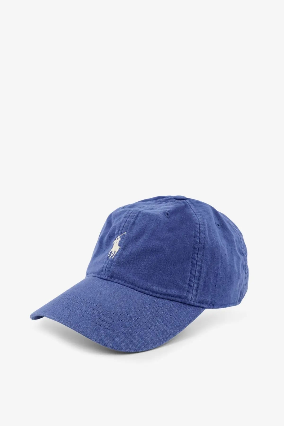 Blue cotton baseball cap with white embroidered polo player logo for men by polo ralph lauren