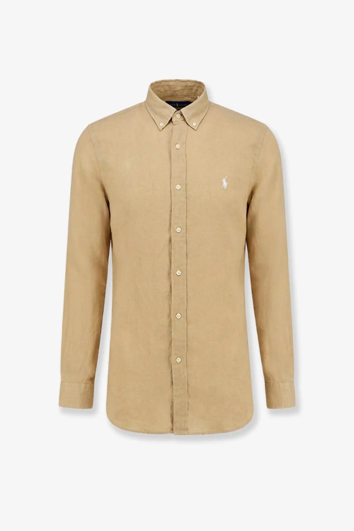 Beige long-sleeved linen button-down shirt with small embroidered polo player logo on left chest by polo ralph lauren