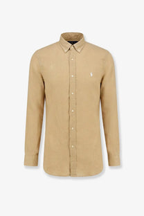 Beige long-sleeved linen button-down shirt with small embroidered polo player logo on left chest by polo ralph lauren